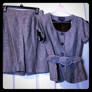 gray short sleeve belted skirt suit set outfit